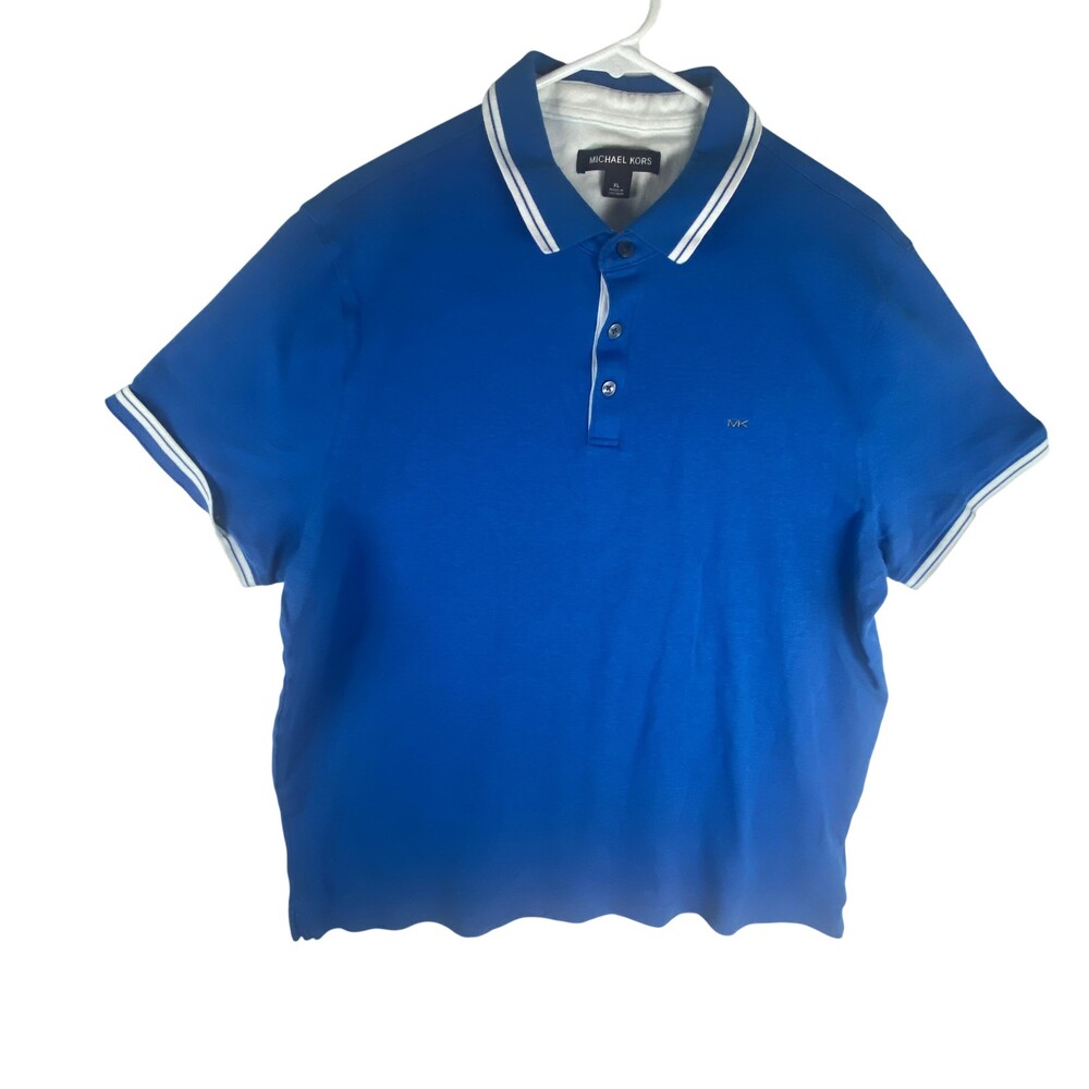 Michael Kors Polo Shirt Mens XL Blue Cotton Logo Tipped Trim Short Sleeve Casual